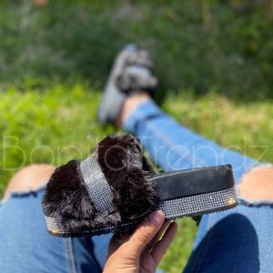 Bedazzled Rhinestone Fur Chunky Platform Slides